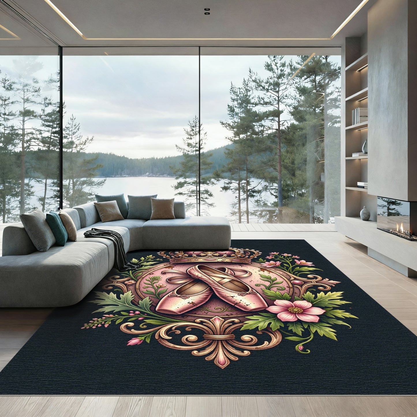 Pink Ballet Slippers Regal Crown Floral Emblem Rug