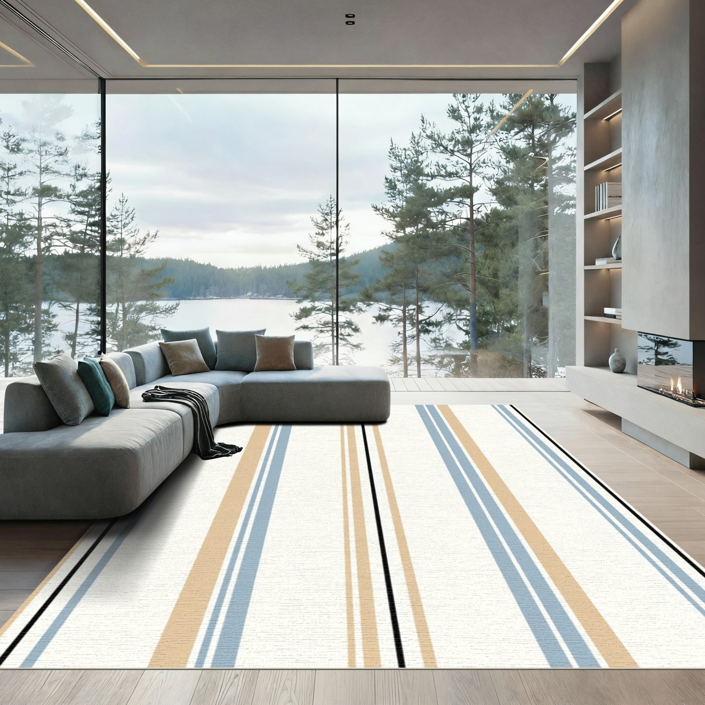 Brave Beige Blue Stripe Composition Rug
