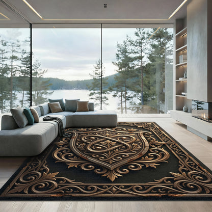 Ornate Bronze Filigree Shield Emblem Rug