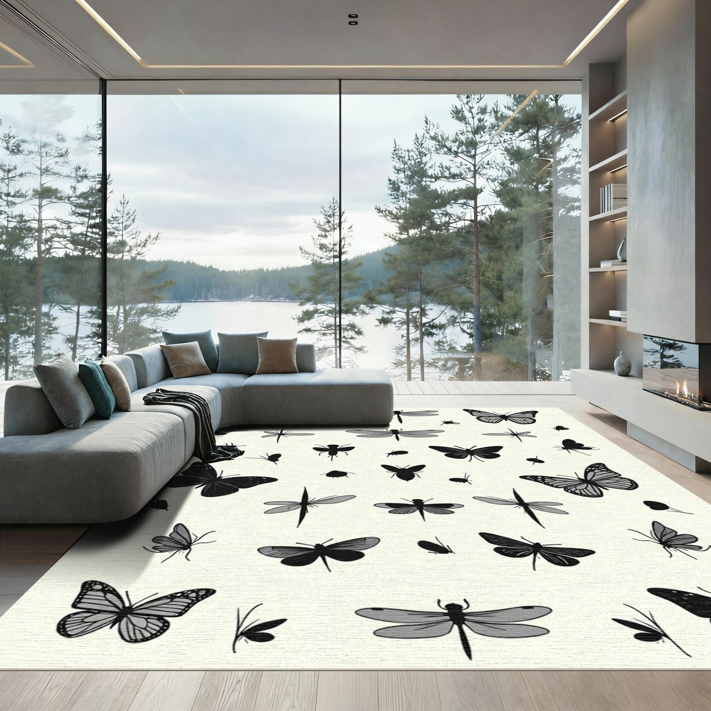 Black Gray Butterfly Dragonfly Collage Rug