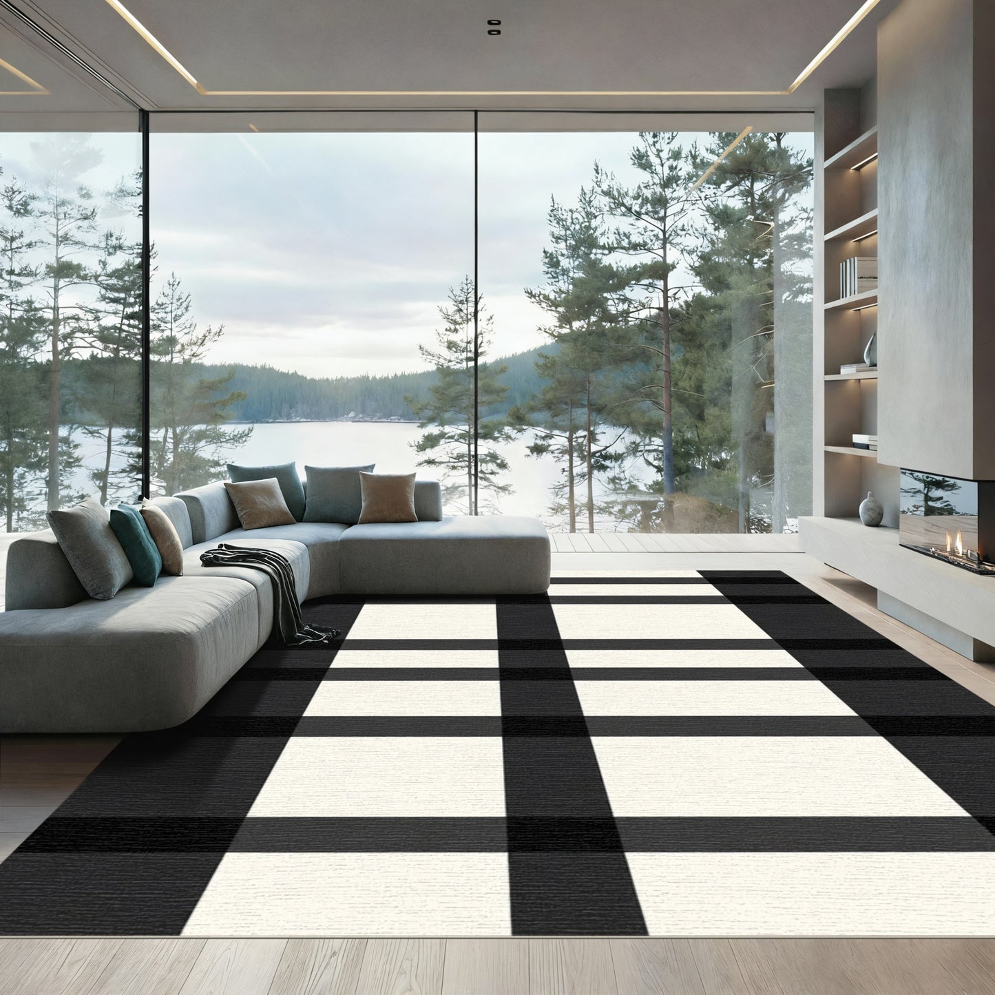 Bold Black Ivory Plaid Squares Rug