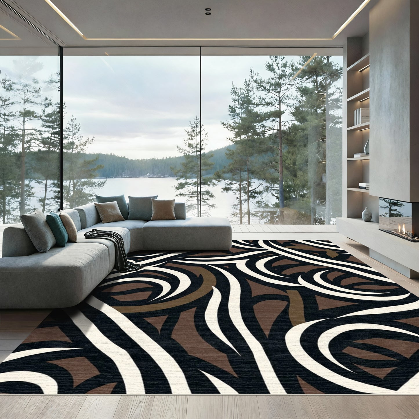 Dark Brown Cream Swirl Wavy Rug