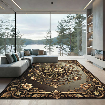Ornate Gold Flourish Floral Framing Rug