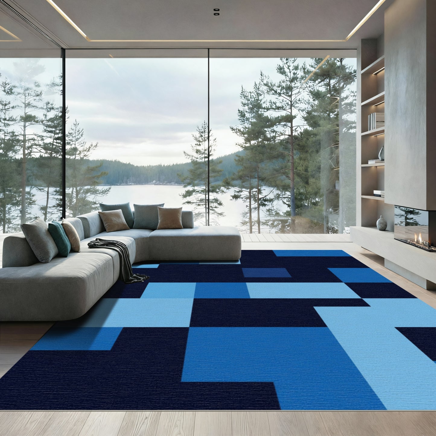 Deep Blue Geometric Abstract Blocks Rug