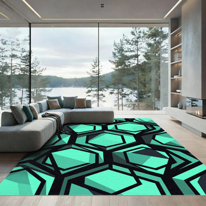 Geometric Turquoise Hexagonal Abstract Art Rug