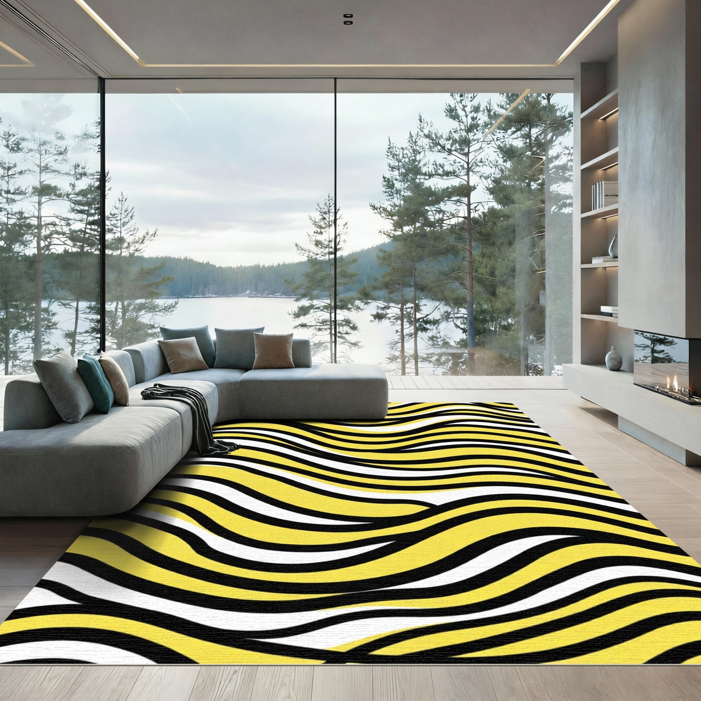 Bold Yellow Black White Wave Abstract Rug