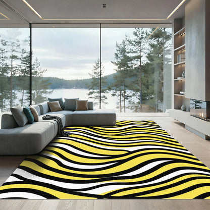 Bold Yellow Black White Wave Abstract Rug