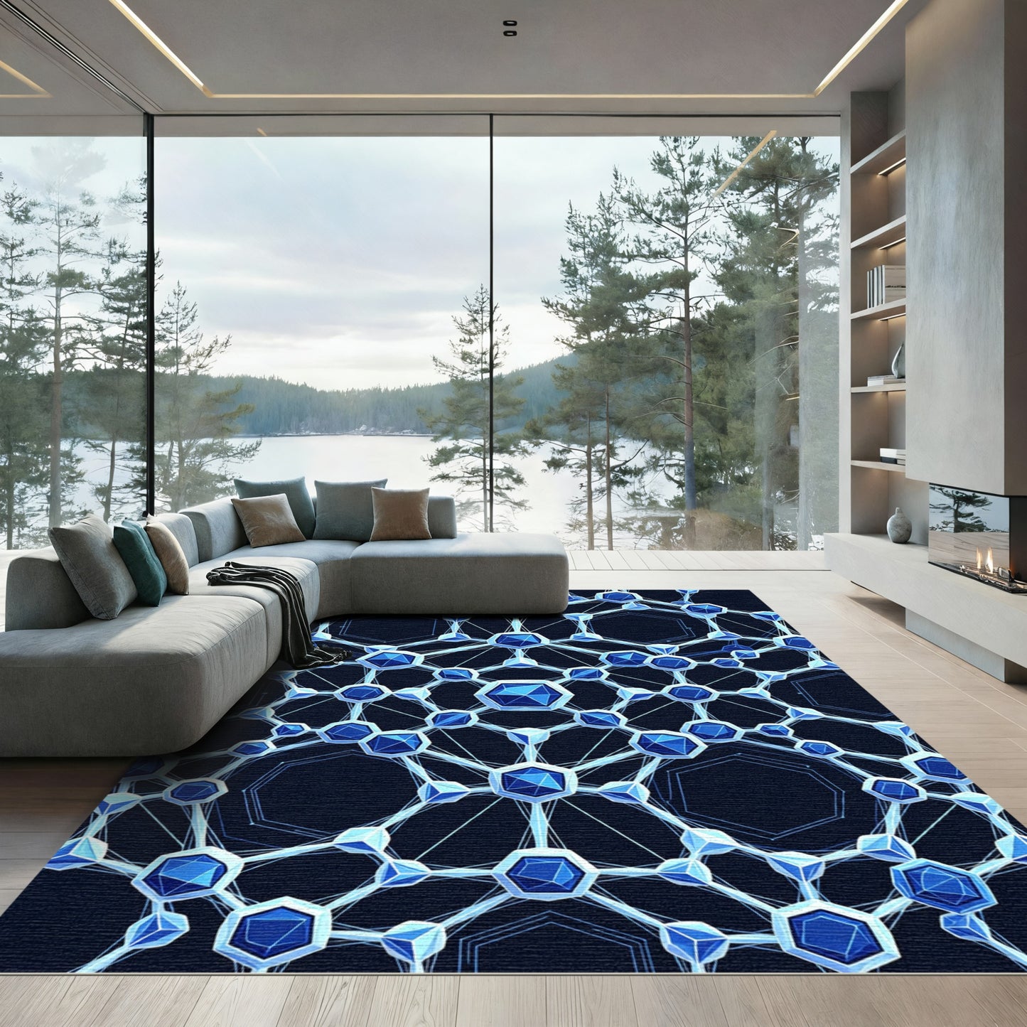 Deep Blue Crystal Hexagonal Network Rug