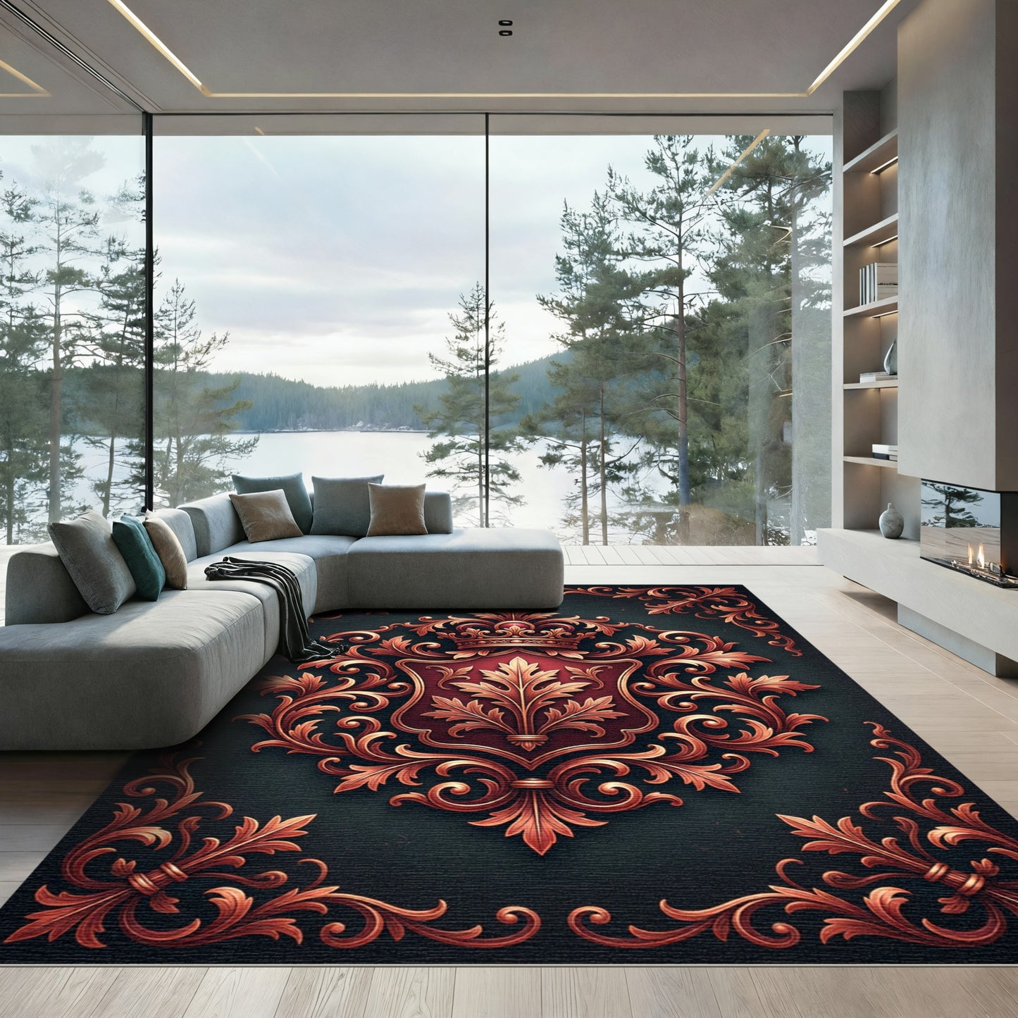 Royal Crimson Gold Filigree Crest Rug