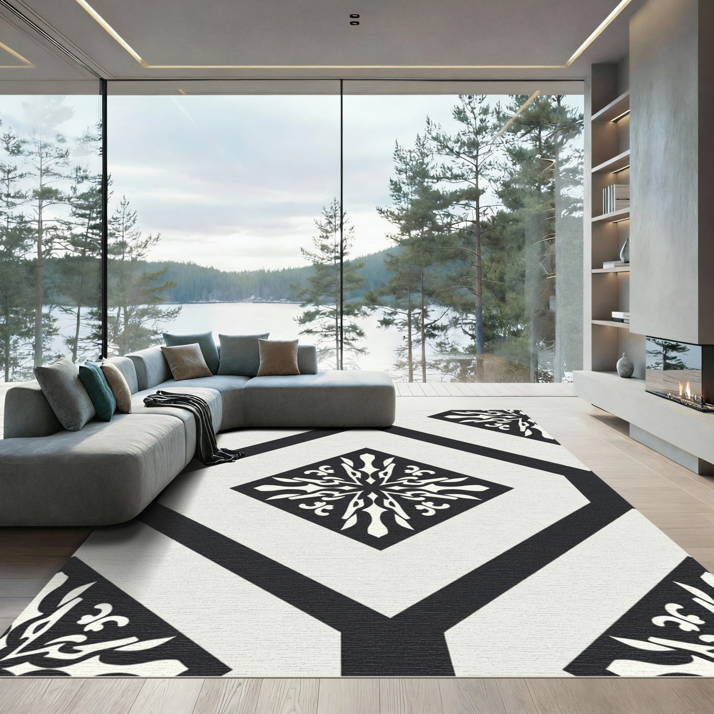 Black Cream Geometric Tile Medallion Rug