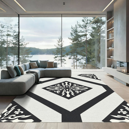 Black Cream Geometric Tile Medallion Rug