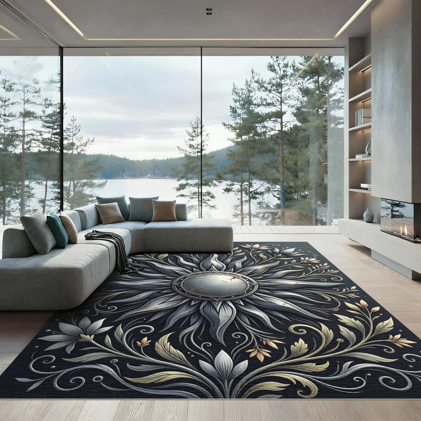 Metallic Silver Sun Floral Medallion Rug