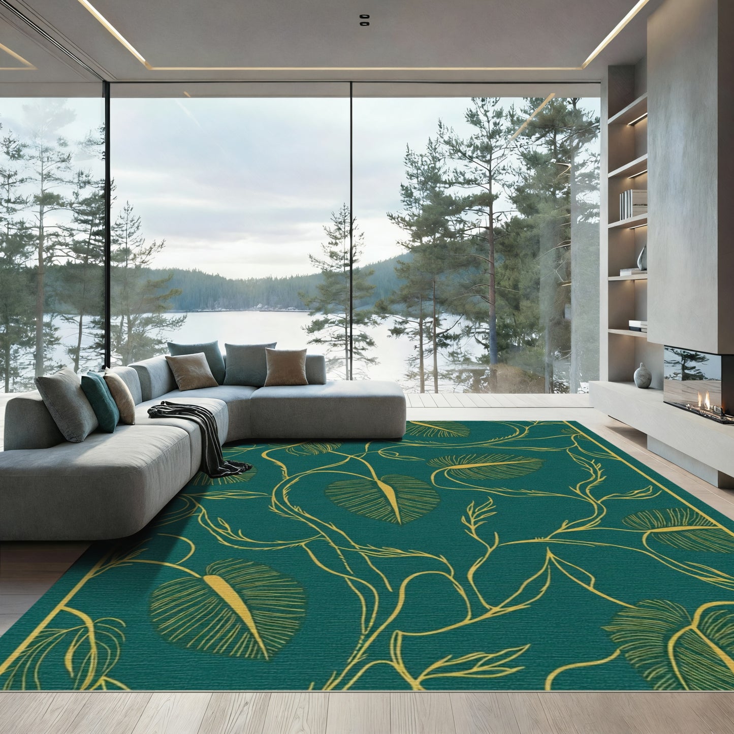 Teal And Gold Botanical Vine Rug