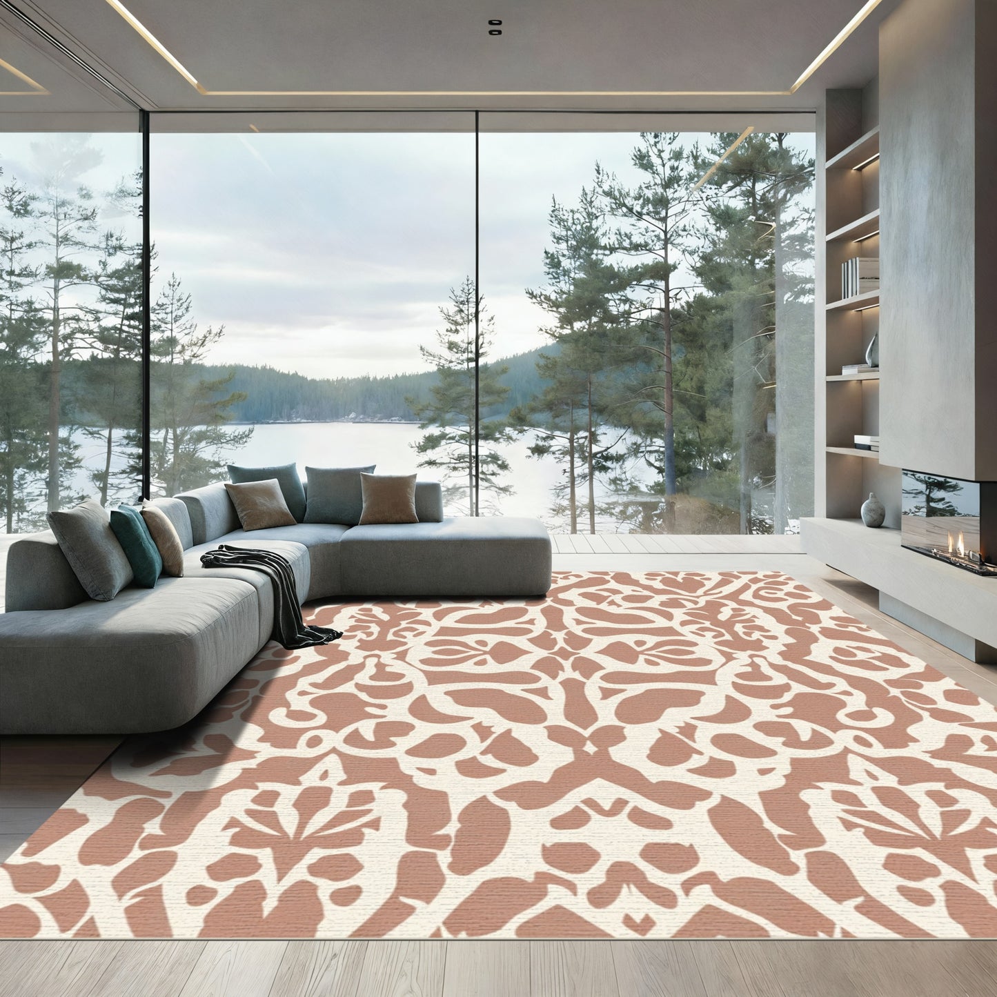 Terracotta Cream Ornamental Swirl Rococo Rug
