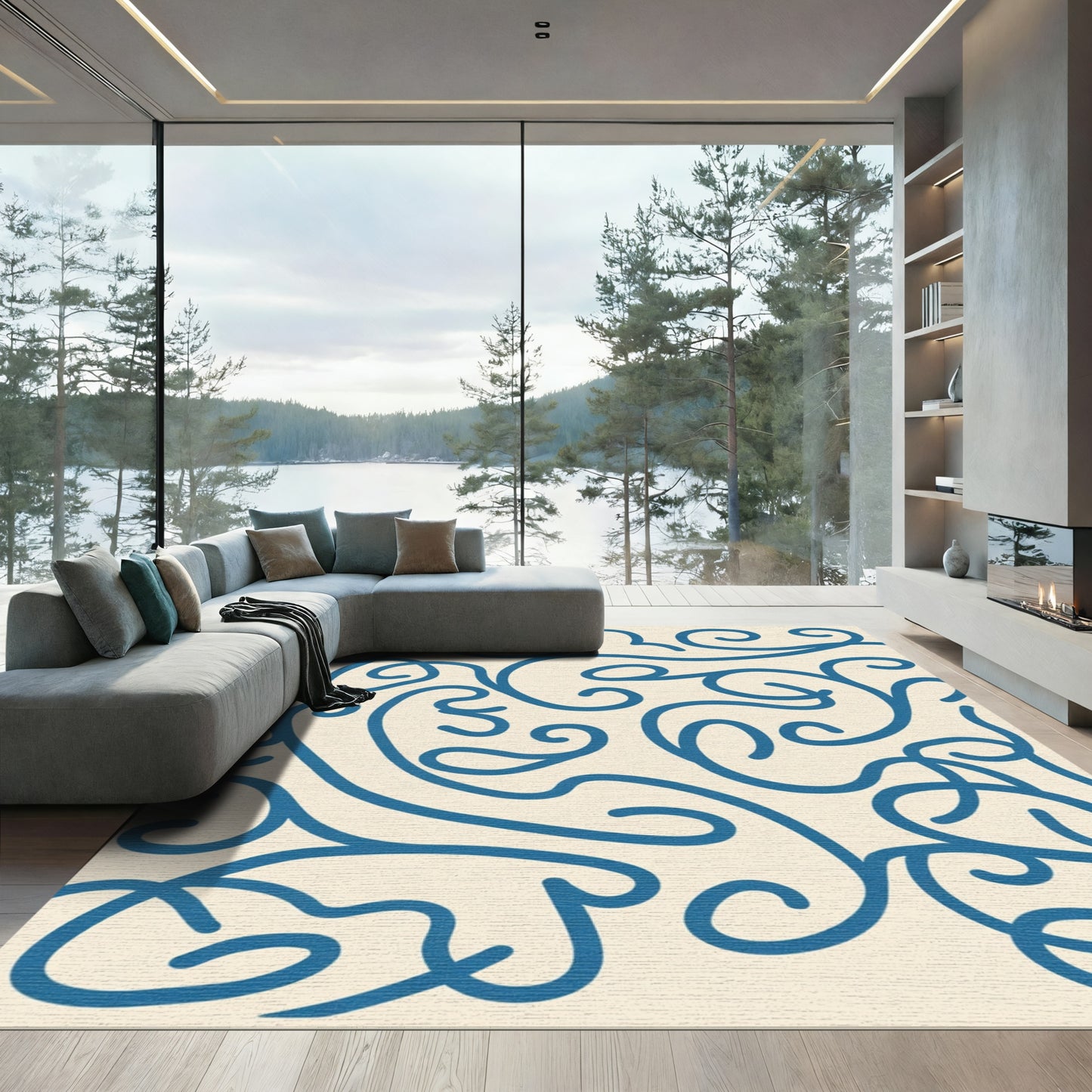 Deep Blue Swirl Vine Art Rug