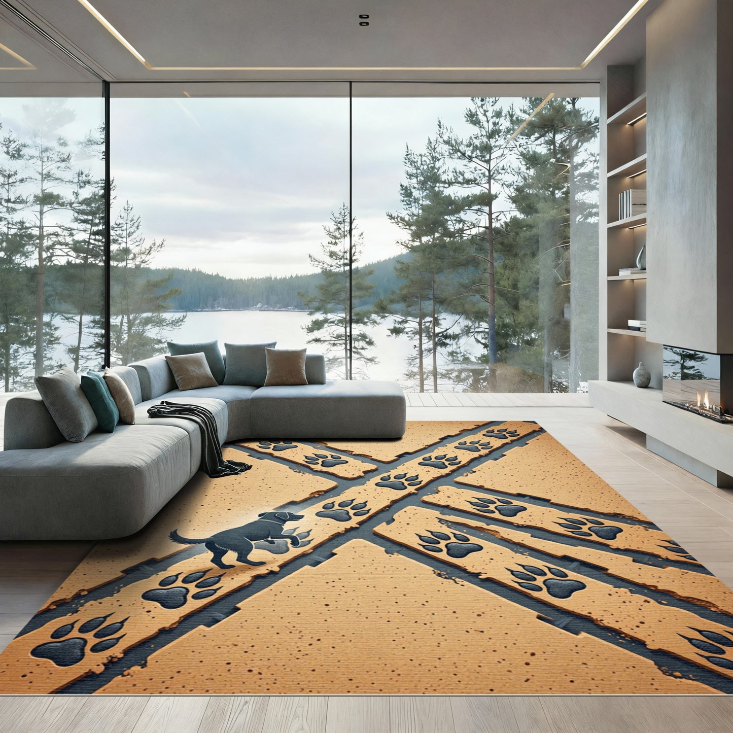 Playful Black Paw Print Sand Texture Rug