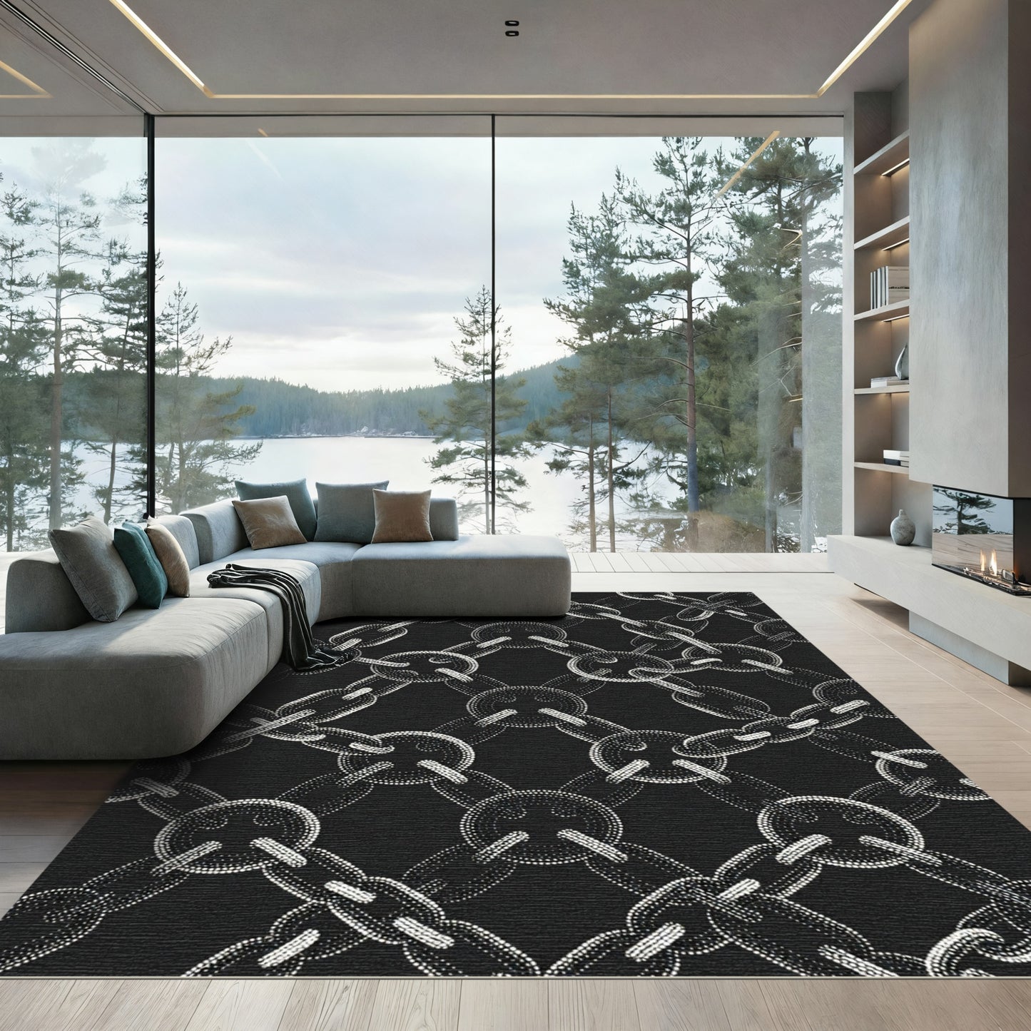 Black White Dotted Chain Link Rug