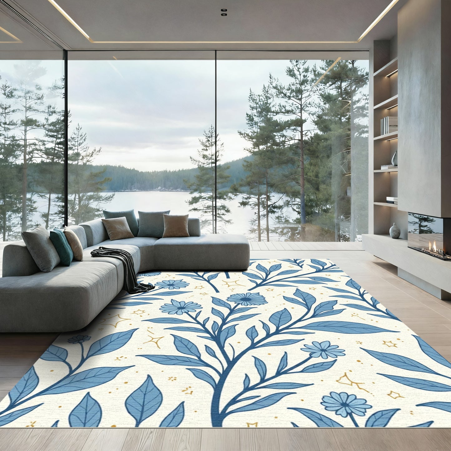 Whimsical Blue Floral Star Garden Rug