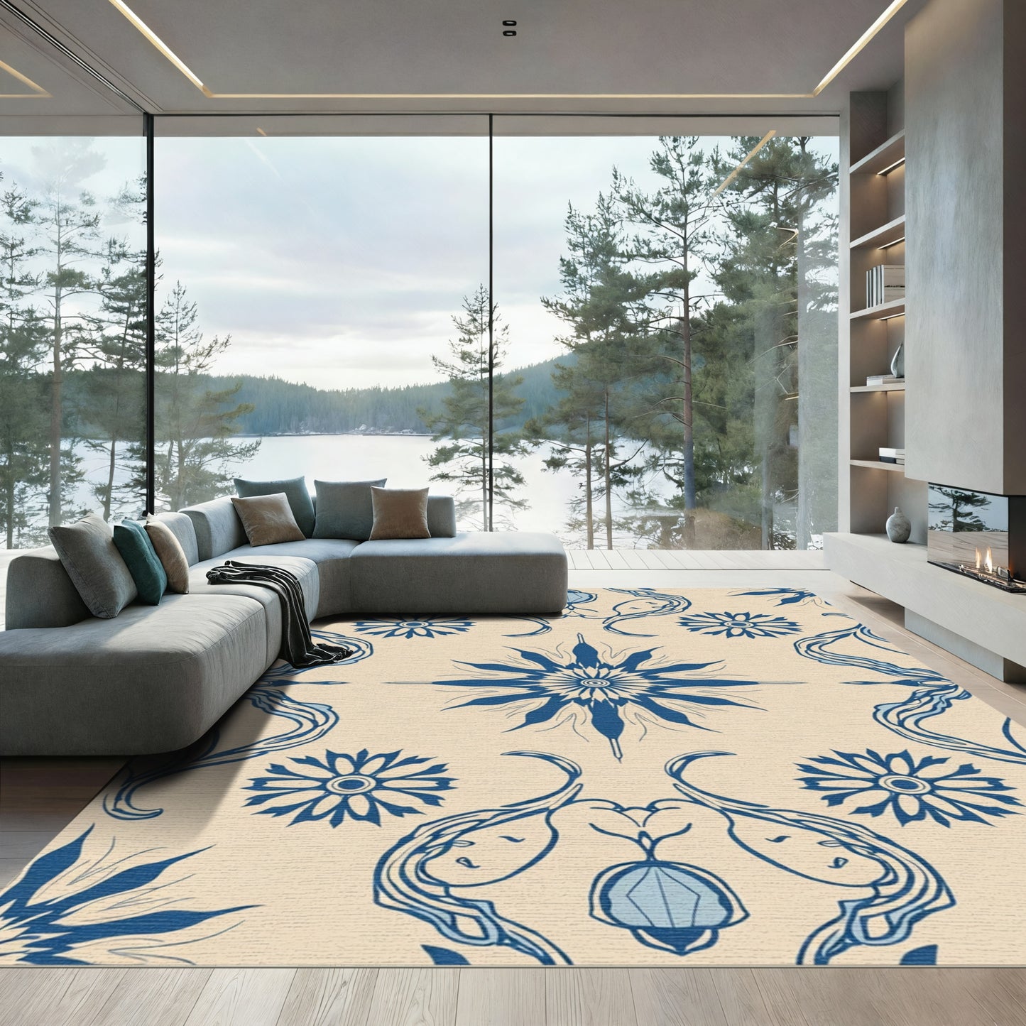 Royal Blue Floral Sunburst Cream Rug