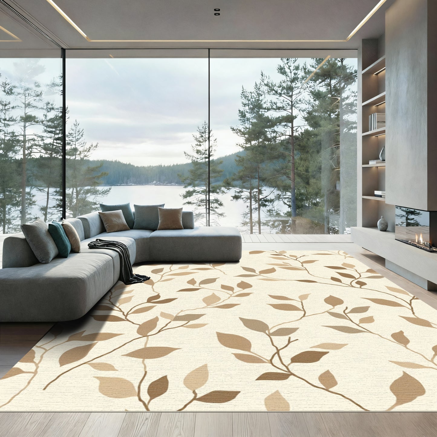 Brown Leafy Vine Scroll Rug