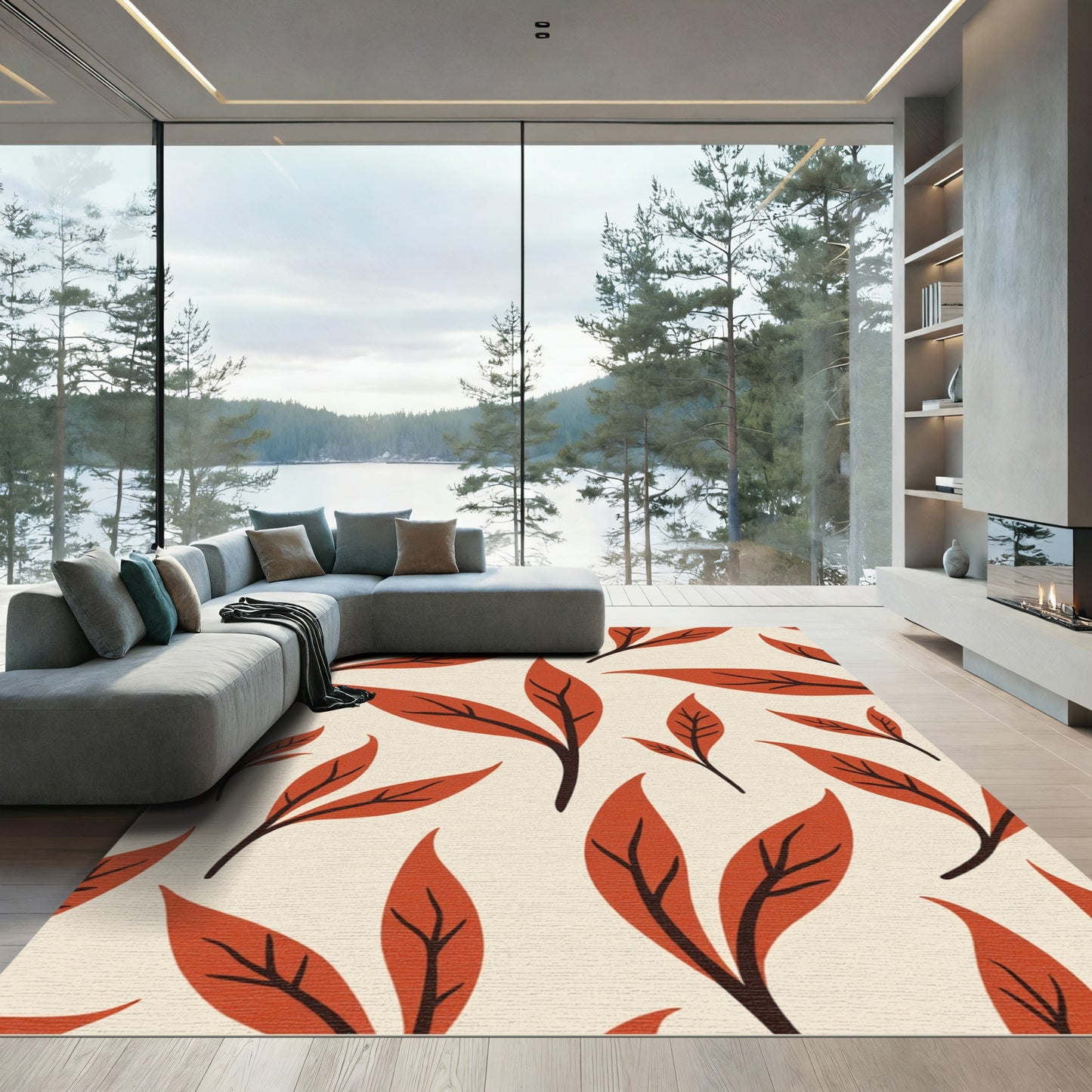 Terracotta Leafy Vine Pattern Rug
