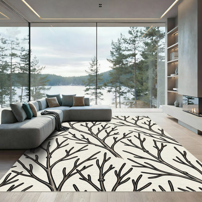 Minimalist Charcoal Bare Branch Twig Rug