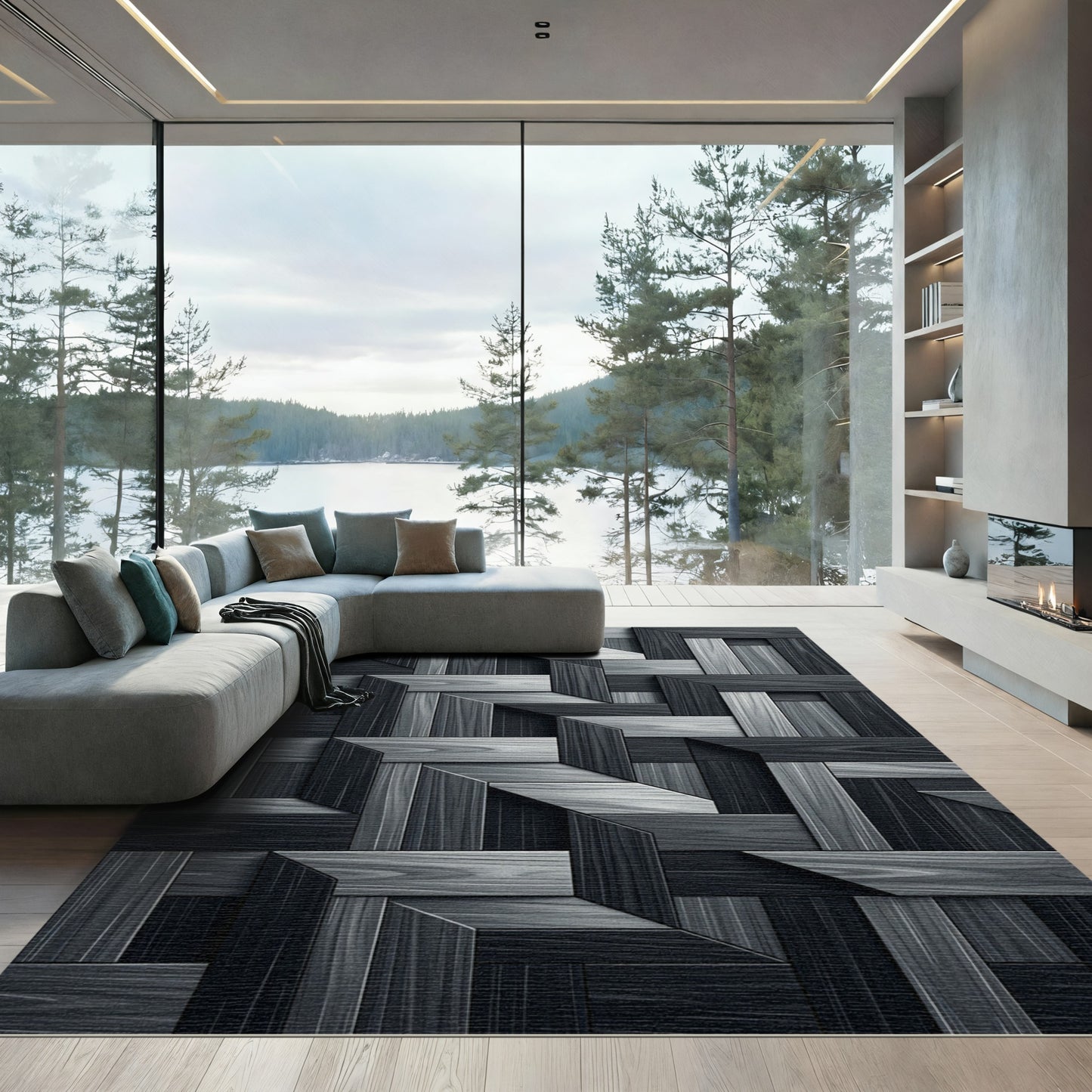 Monochromatic Wood Grain Geometric Overlay Rug