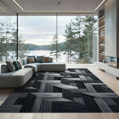 Monochromatic Wood Grain Geometric Overlay Rug