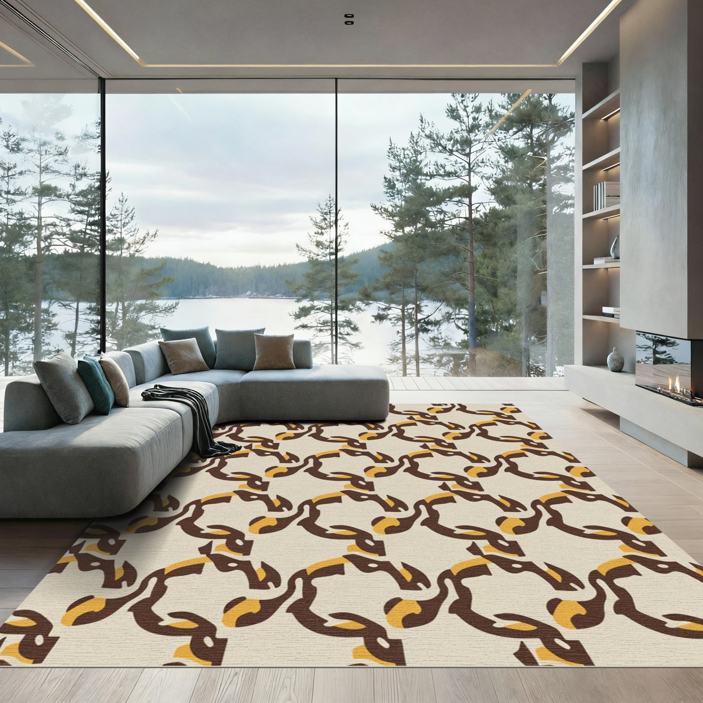 Brown Ochre Interlocking Abstract Shapes Rug