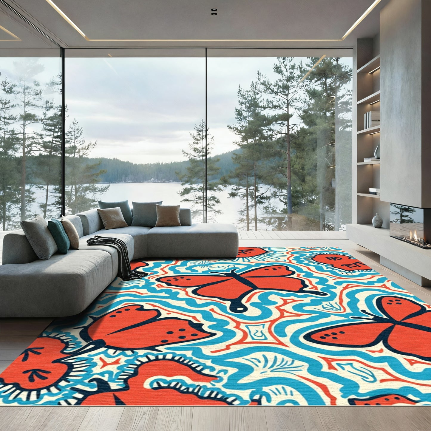 Orange Butterfly Blue Swirl Cream Art Rug