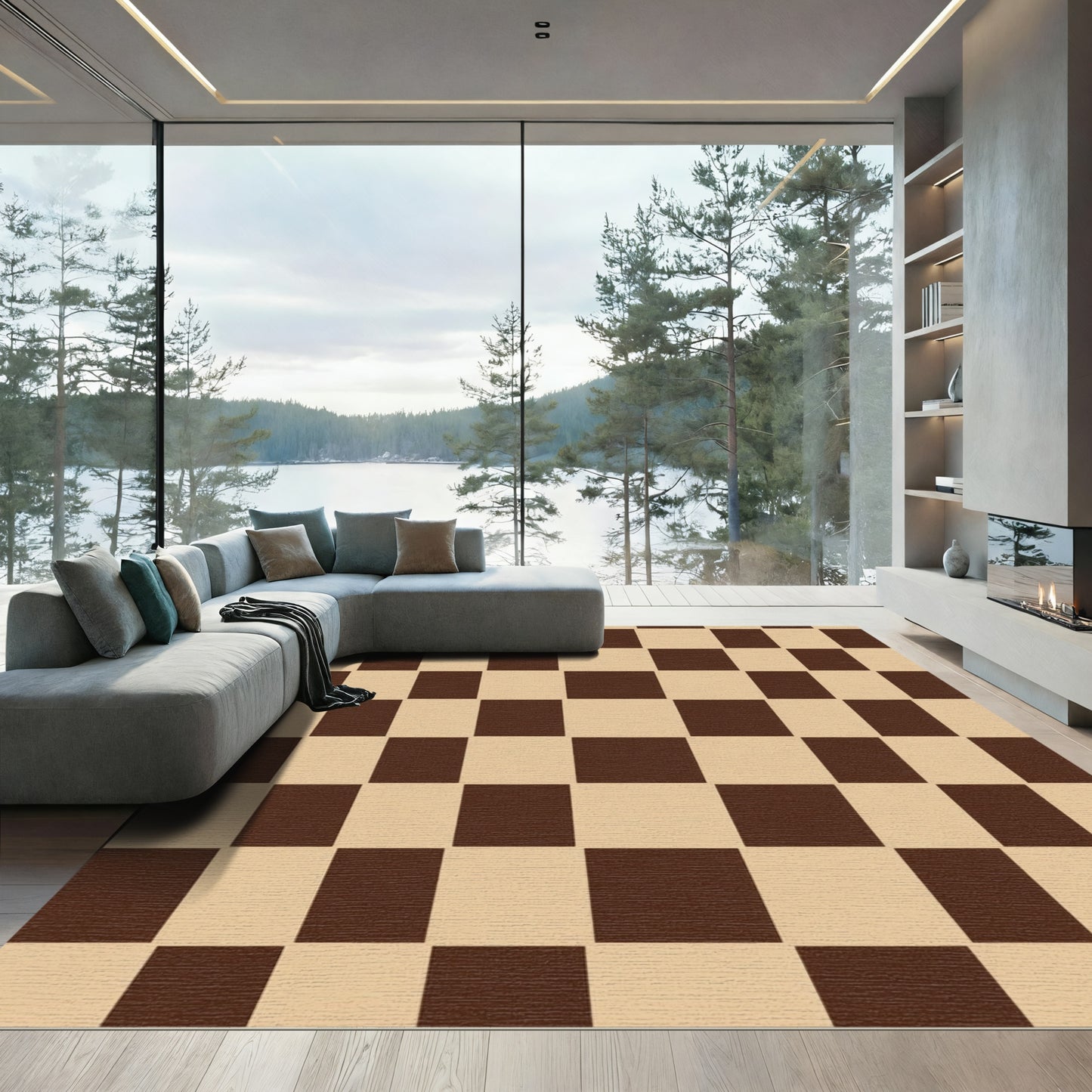Brown Beige Checkerboard Square Rug