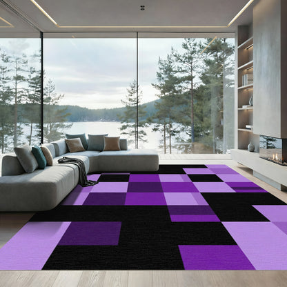 Purple Black Geometric Checkered Blocks Rug