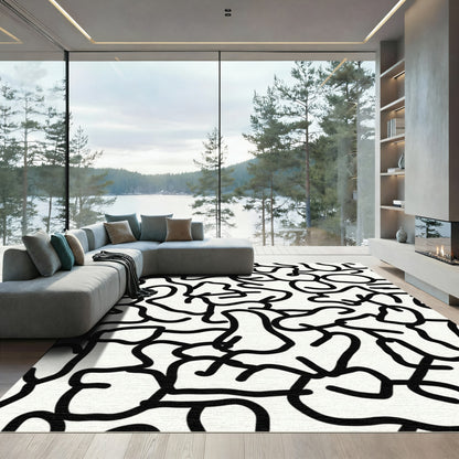 Black White Abstract Organic Lines Rug
