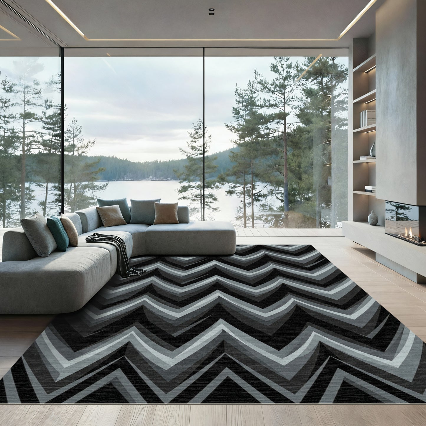 Monochromatic Graduated Chevron Layered Wave Rug