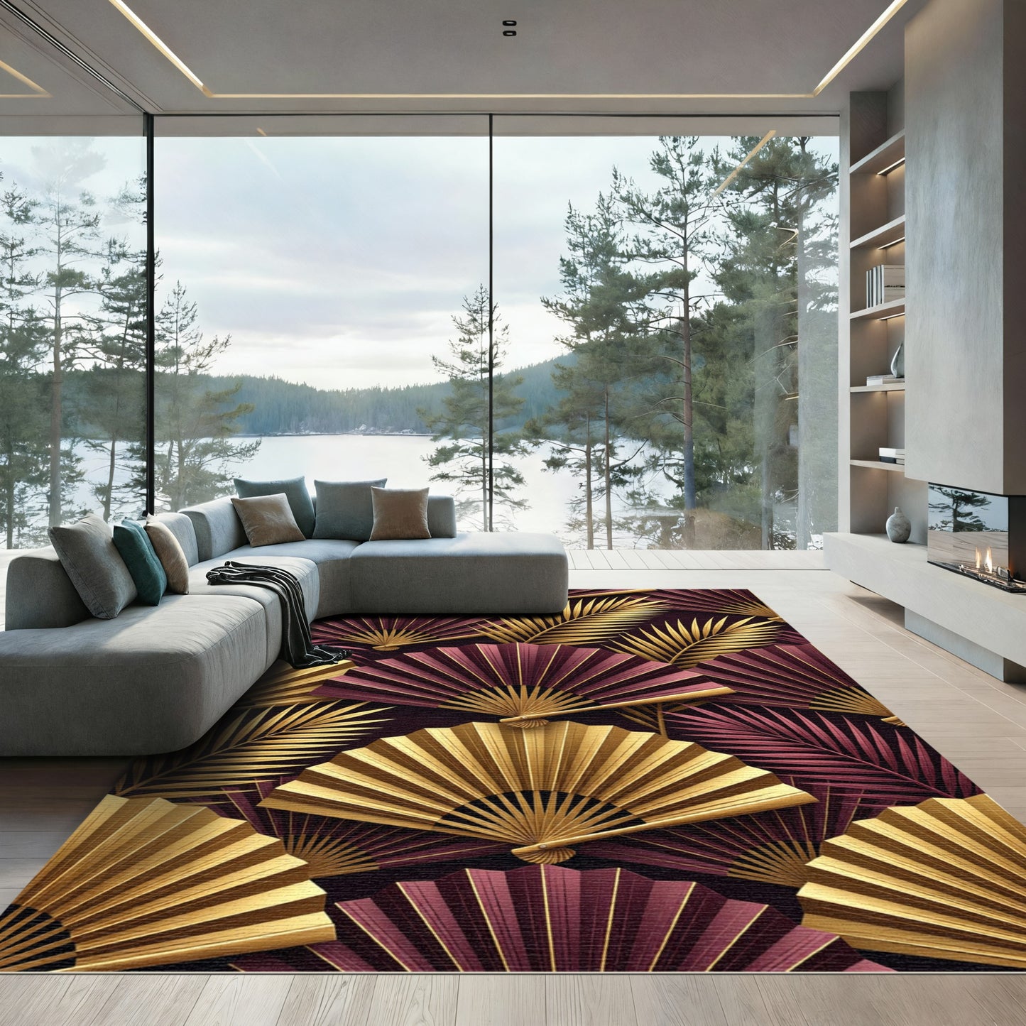 Elegant Gold Plum Folding Fan Leaves Rug