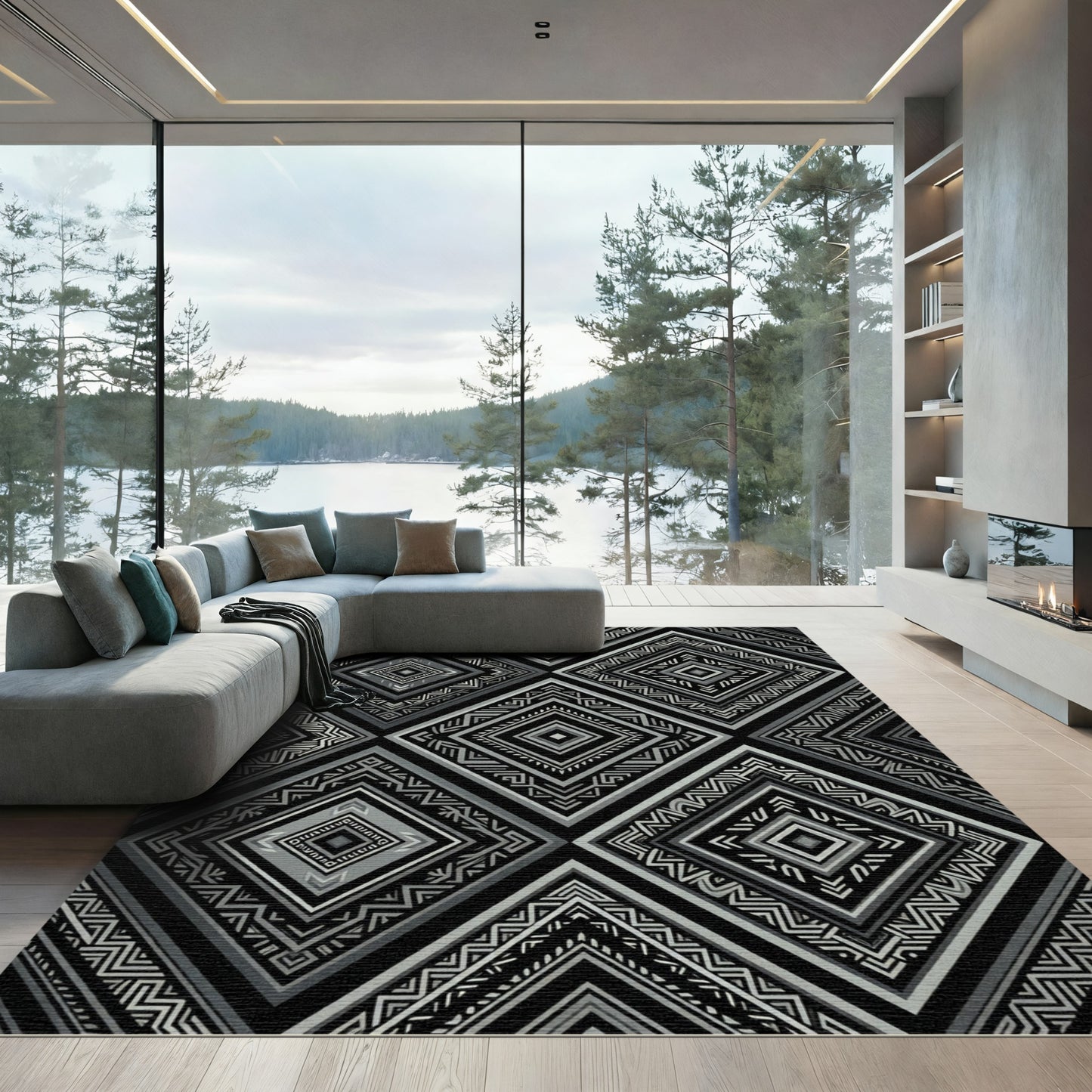 Monochromatic Tribal Diamond Geometric Art Rug