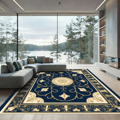 Dark Blue Golden Floral Medallion Rug