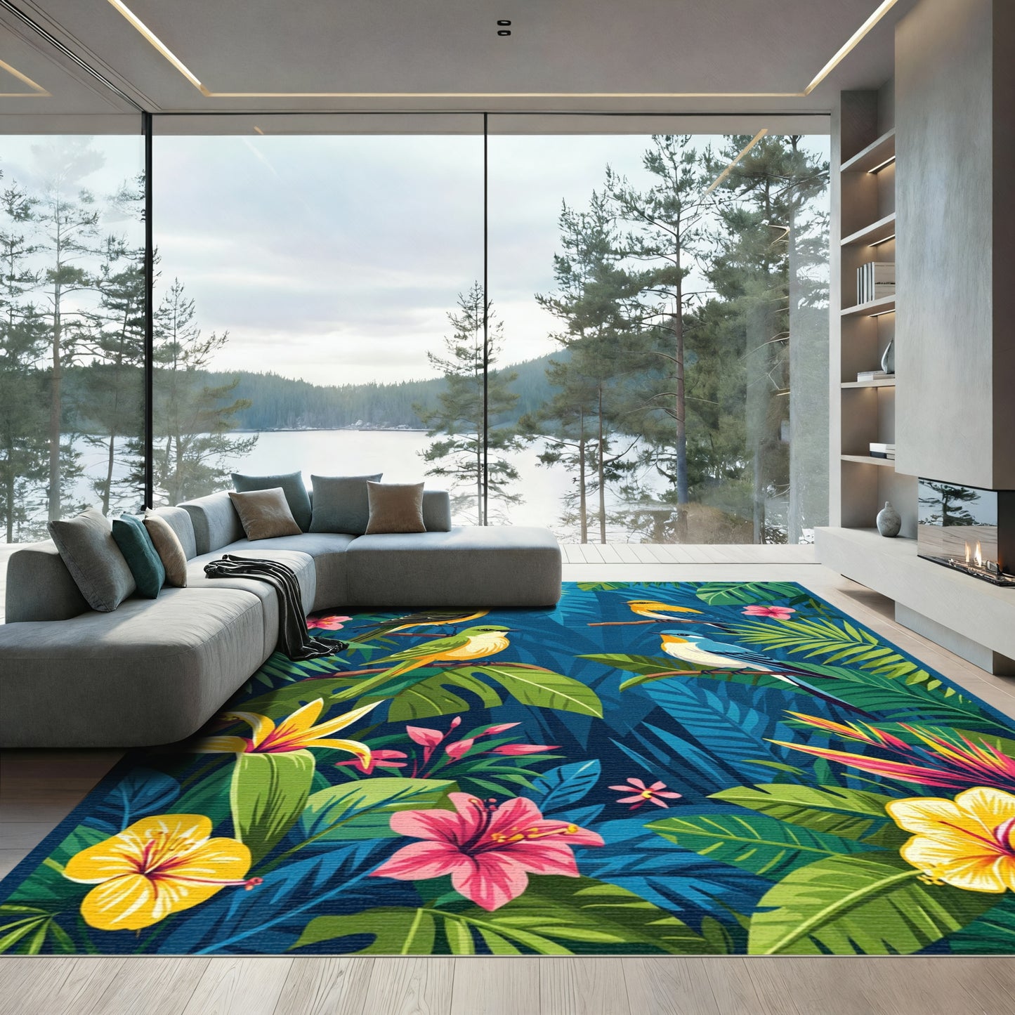 Tropical Birds Exotic Jungle Hibiscus Flowers Rug