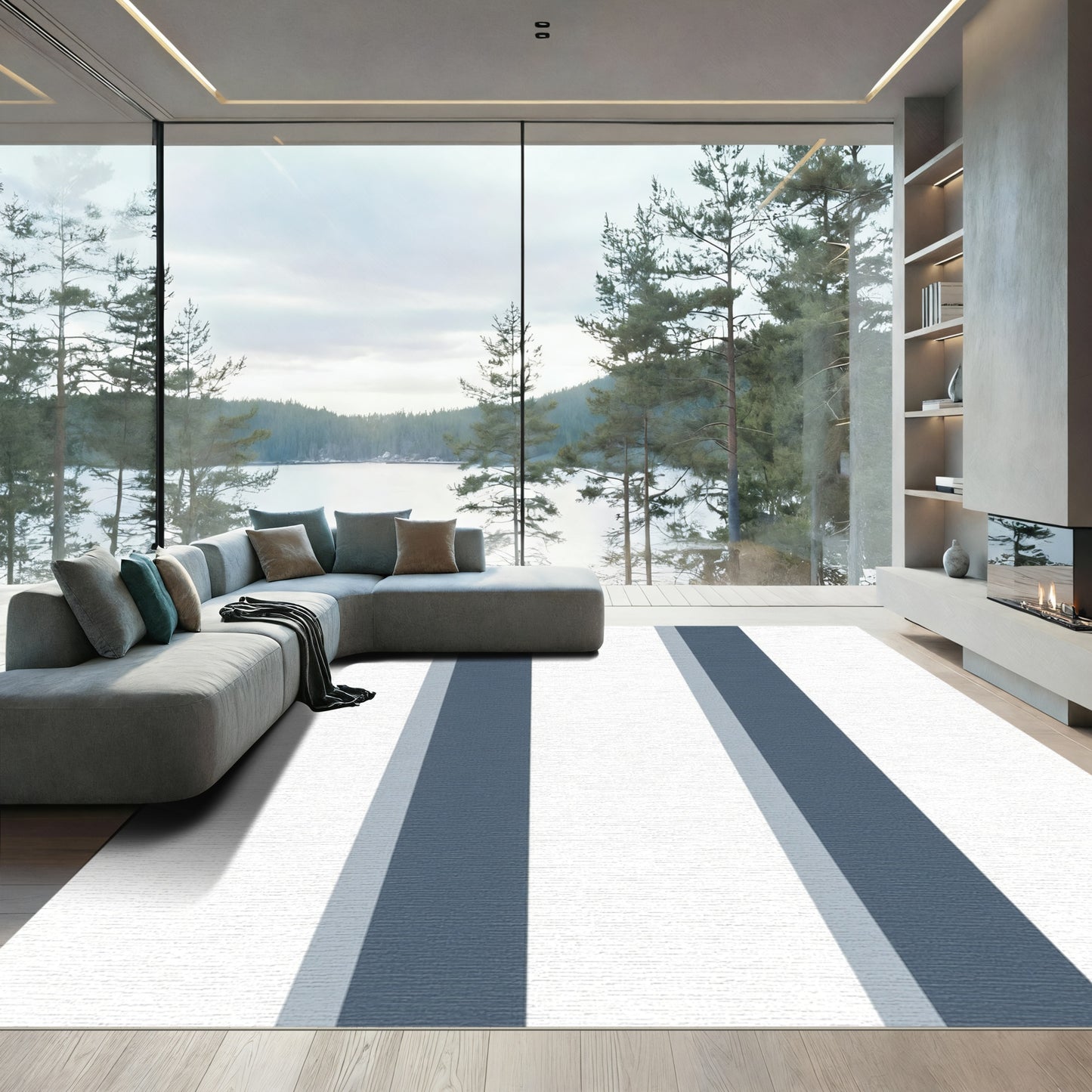 Bold Slate Blue Vertical Stripe Rug