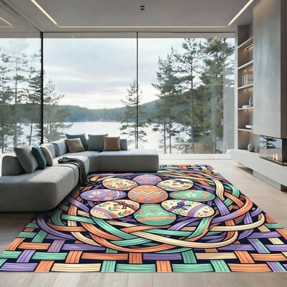 Whimsical Pastel Easter Egg Woven Basket Rug