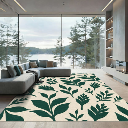Deep Green Leafy Sprigs Cream Rug