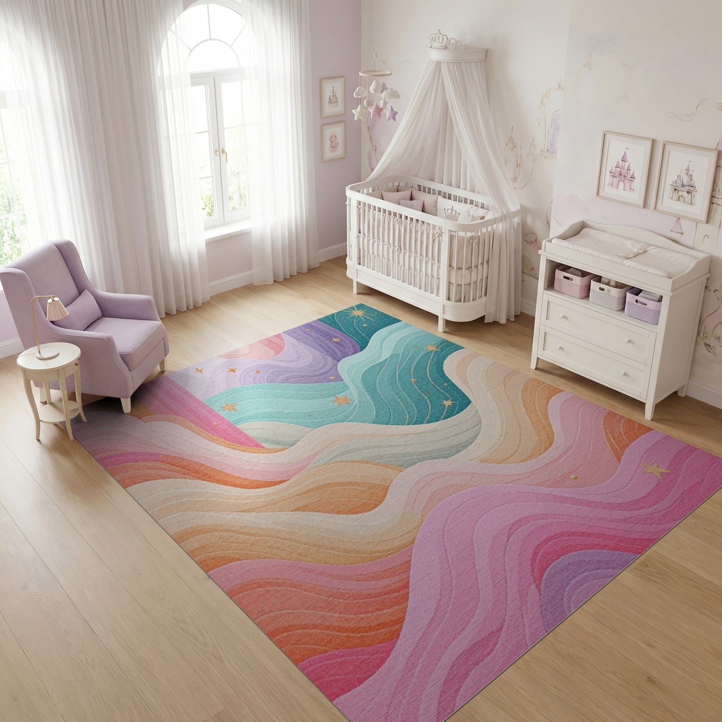 Pastel Wavy Layers Gold Stars Rug