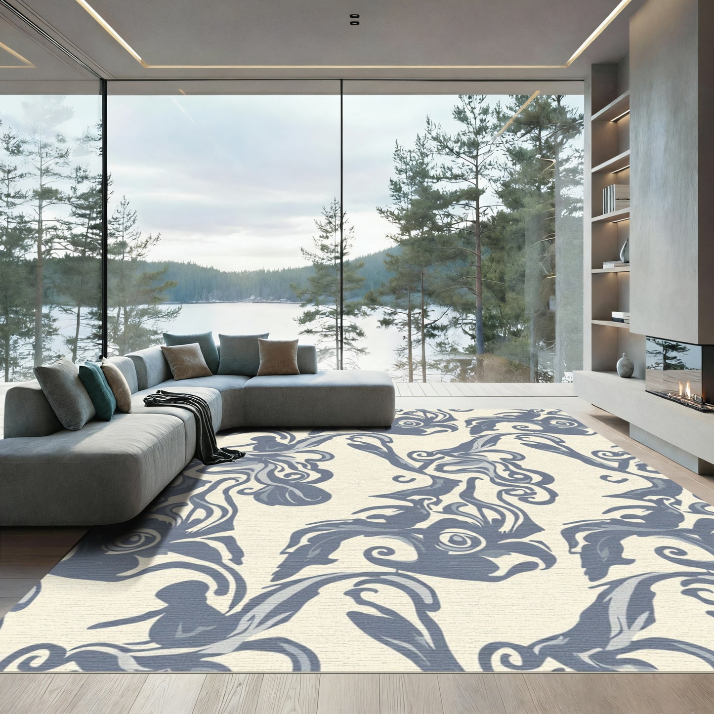 Blue Cream Art Nouveau Scroll Rug