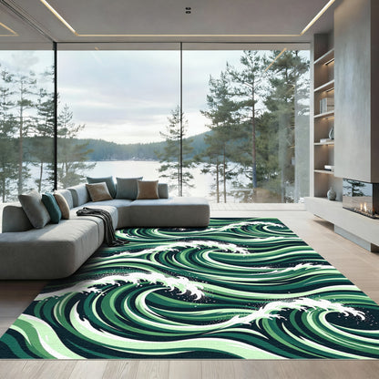 Deep Emerald Wavy Ocean Crests Rug