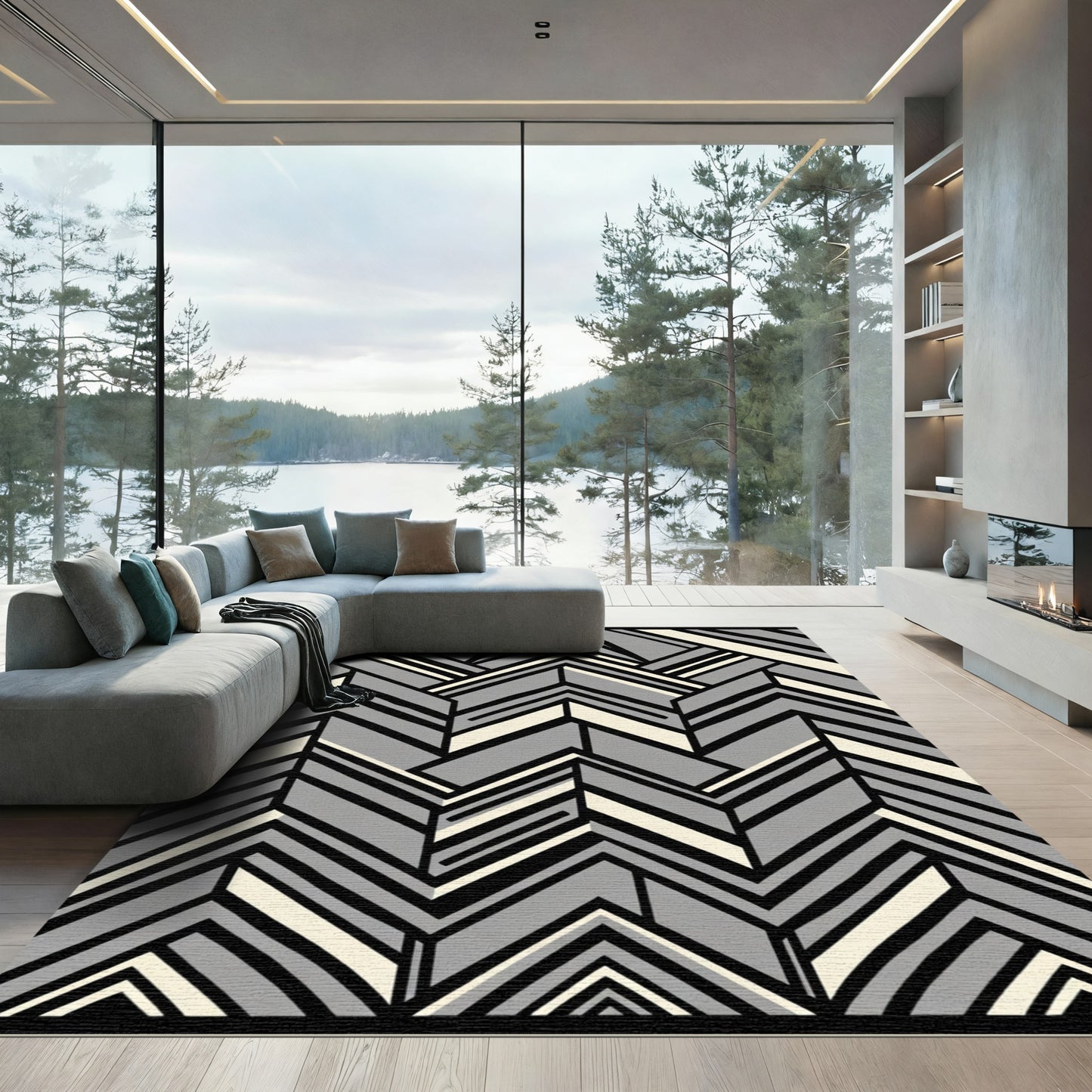 Art Deco Gray Cream Chevron Rug