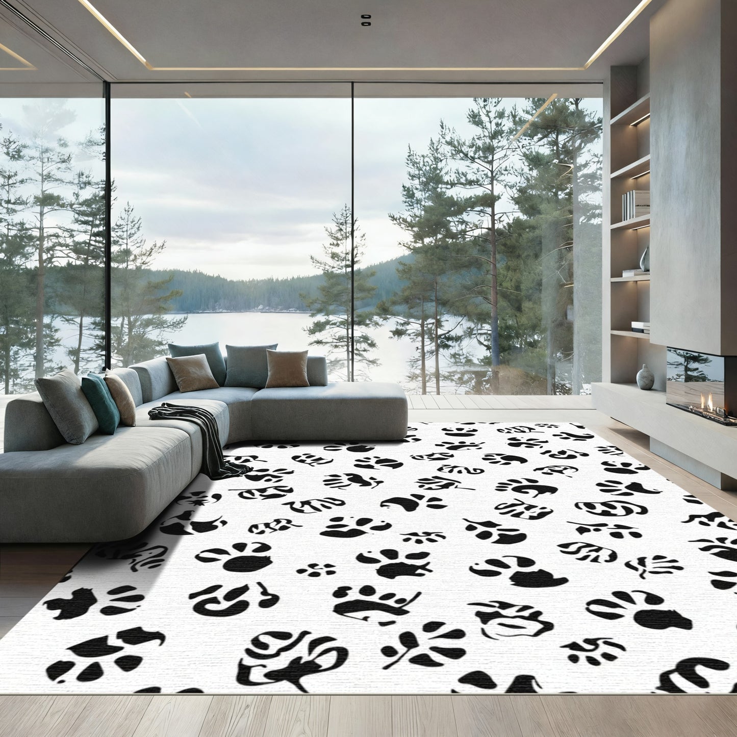 Black White Paw Prints Scattered Rug