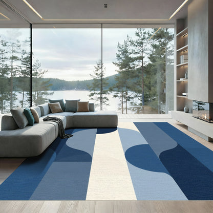 Deep Blue Abstract Curved Stripe Rug