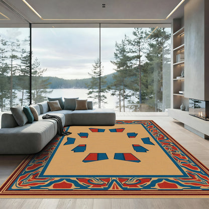 Amber and Crimson Geometric Border Rug