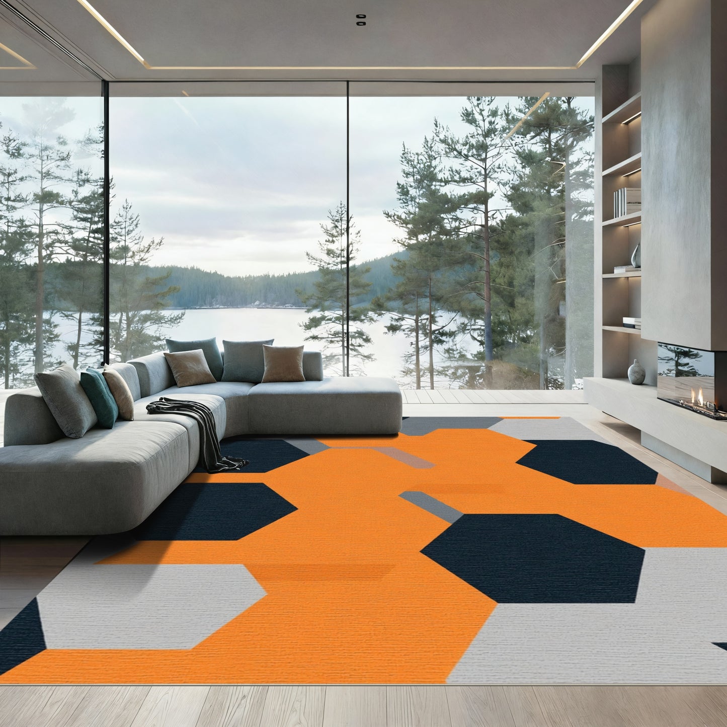 Orange Gray Navy Hexagonal Geometric Rug