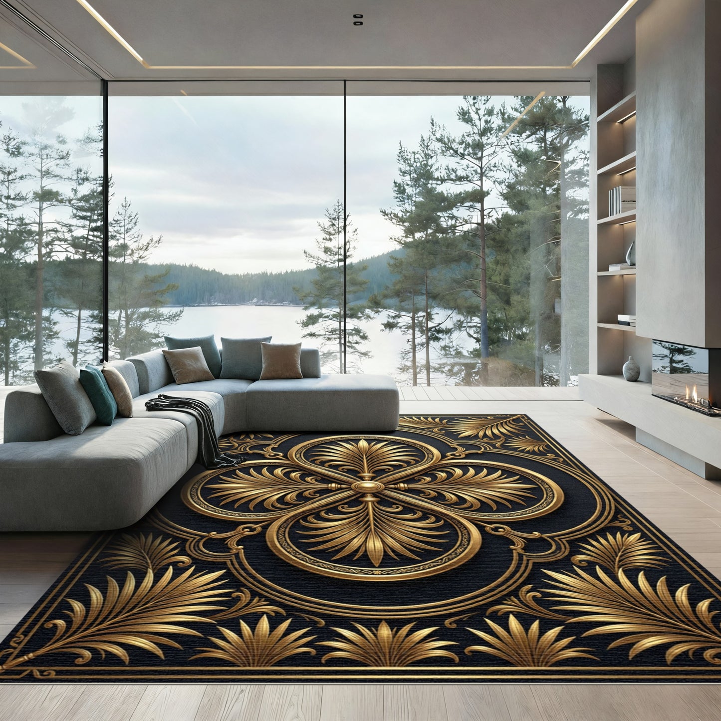Gilded Black Ornate Palm Leaf Rug